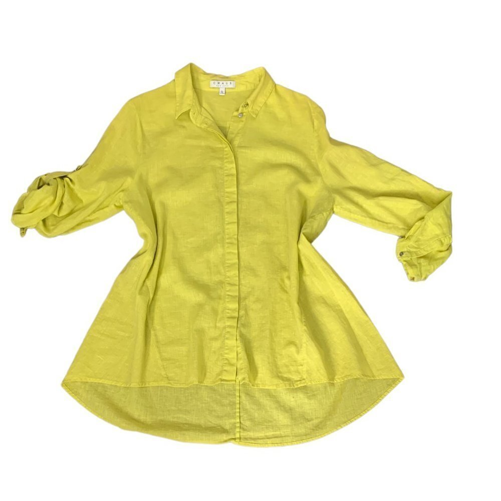 CHAUS Linen Cotton Button Down Shirt Roll Tab Sleeve L Chartreuse #98D